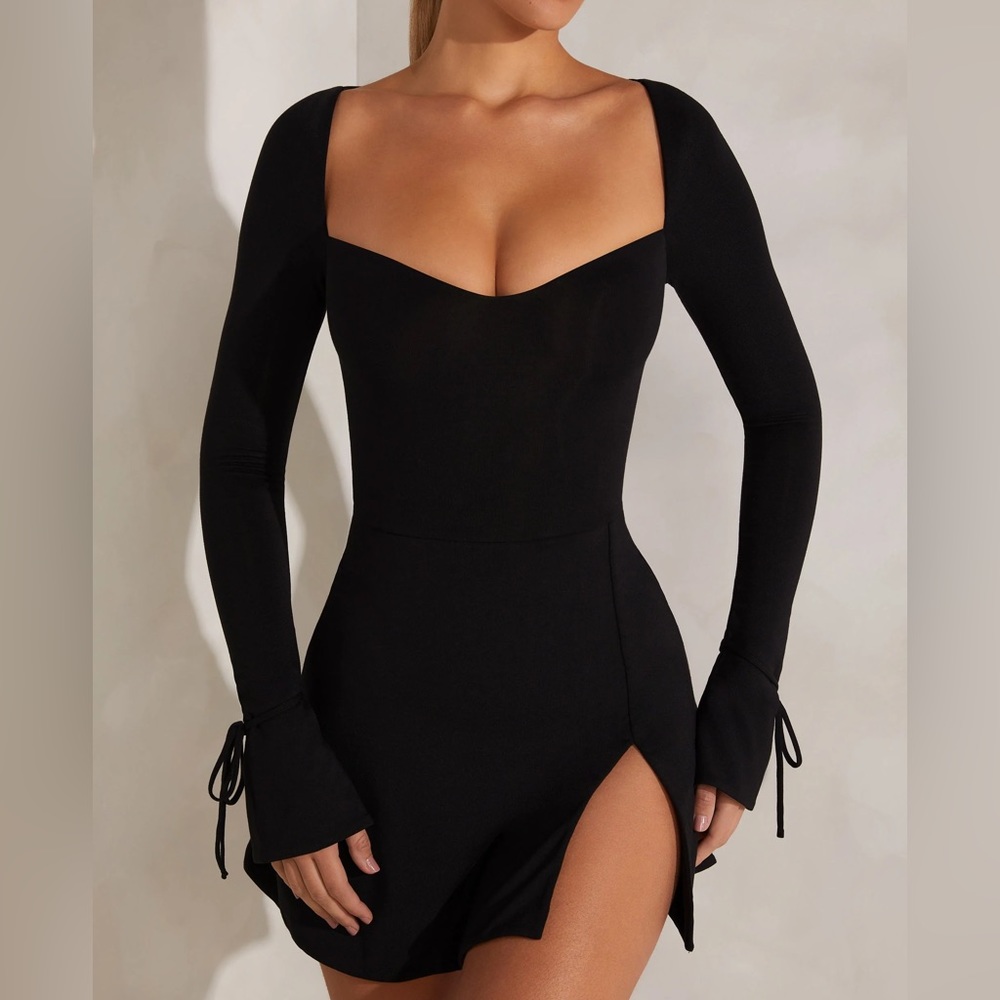 Square Neck Long Sleeve Mini Dress in Black